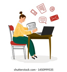 Procrastination vector concept. Young girl reading book instead of work