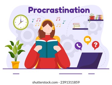 Procrastination Vector Illustration with Procrastinating Lazy Businessman Employees work of office worker in Flat Business Cartoon Background