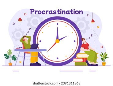 Procrastination Vector Illustration with Procrastinating Lazy Businessman Employees work of office worker in Flat Business Cartoon Background