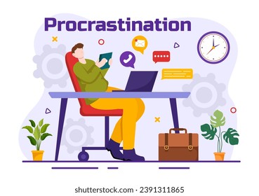 Procrastination Vector Illustration with Procrastinating Lazy Businessman Employees work of office worker in Flat Business Cartoon Background