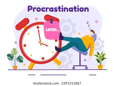 Procrastination Vector Illustration with Procrastinating Lazy Businessman Employees work of office worker in Flat Business Cartoon Background