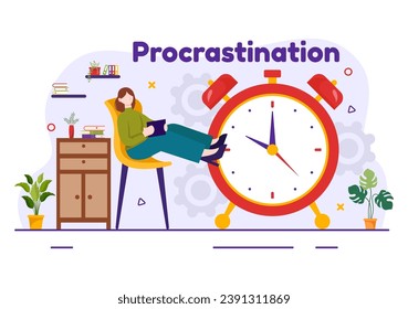 Procrastination Vector Illustration with Procrastinating Lazy Businessman Employees work of office worker in Flat Business Cartoon Background
