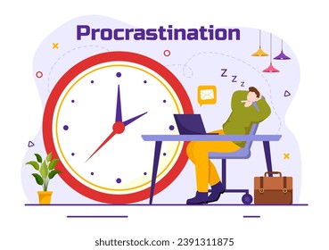 Procrastination Vector Illustration with Procrastinating Lazy Businessman Employees work of office worker in Flat Business Cartoon Background