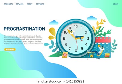 Procrastination vector website template, web page and landing page design for website and mobile site development. Laziness, avoidance of doing tasks in time concept.