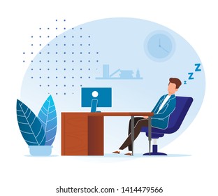 Procrastination Waiting for Right Time Cartoon. Difficult for Man to Force Himself to Begin to Perform an Assigned Task or Specific Job. Employee Fell Asleep in Workplace in Office.