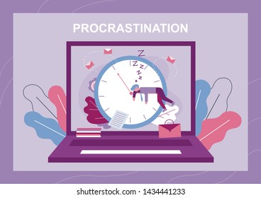 Procrastination and Wast Time Metaphor Banner. Cartoon Businessman Sleeps, Rests on Clock Hands. Huge Laptop Monitor over Floral Gradient Backdrop. Laziness, Tasks Avoidance. Vector Flat Illustration