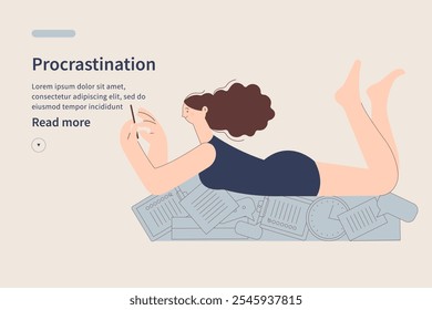 Procrastination website concept. Woman with phone lies on documents and stationery oblivious to mess. Office worker spends working time on procrastination. Modern vector flat illustration