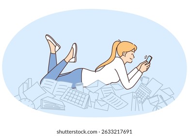 Procrastination woman with phone lies on documents and stationery oblivious to mess. Girl office worker spends working time on procrastination without performing official duties