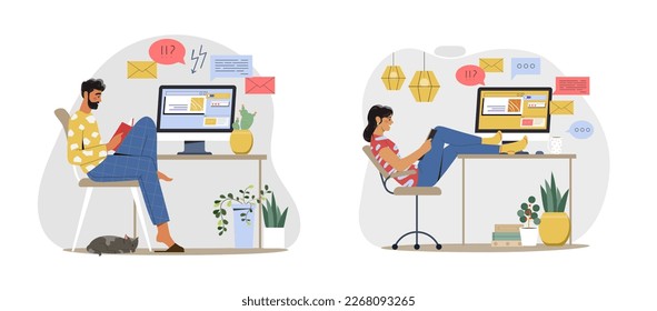 Procrastination at work. Man and woman office workers or freelancers sit at desk and read book instead of completing tasks and projects. Laziness and irresponsibility. Cartoon flat vector collection