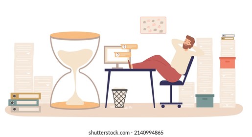 Posponer en el lugar de trabajo, trabajador perezoso en el cargo. Procrastinación del sector vectorial por carácter, ilustración de la persona en el cargo perezosa