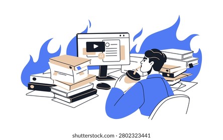 Procrastination at work. Unfocused employee distraction, delaying business tasks, procrastinating in mess, relaxing while deadlines on fire. Flat vector illustration isolated on white background
