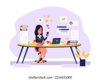 Procrastination at work. Woman employee sitting at workplace and surfing social media in smartphone. Unproductive and distracted office worker drinking coffee and postponing paperwork vector