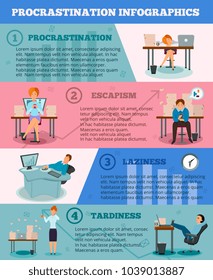 Procrastination at workplace types signs and avoiding tips 4 cartoon banners infographic poster with characters vector illustration 