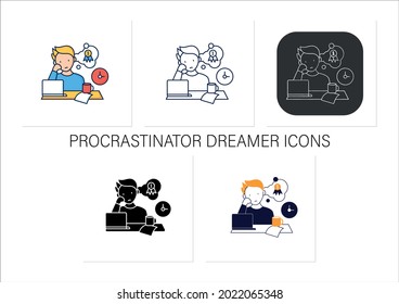 Procrastinator dreamer icons set. Dream about large, unattainable goals. Do not execute scheduled targets.Collection of icons in linear, filled, color styles.Isolated vector illustrations