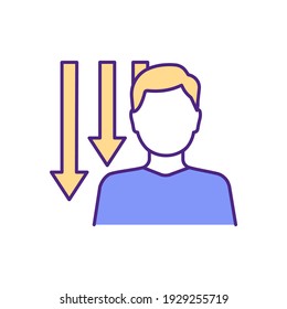 Procrastinator RGB Color Icon. Apathy, Inactivity, Unwillingness. Motivation Drop. Low Self-esteem And Depression. Decreasing Productivity, Efficiency. Disorganisation. Isolated Vector Illustration