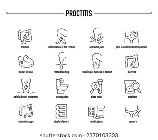 Síntomas de la proctitis, íconos diagnósticos y vectores de tratamiento. Iconos médicos editables en línea.