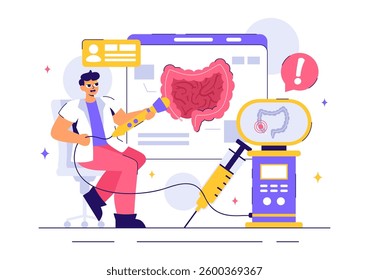 Proctologist or Colonoscopy Vector Illustration with a Doctor Examining the Colon or Small Intestine and Displaying Harmful Bacteria in a Background