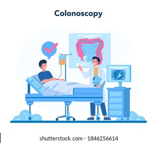 Proctologist concept. Doctor examine intestine, colonoscopy. Idea of health and medical treatment, diagnostic, consultation. Isolated vector illustration in cartoon style