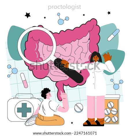 Proctologist concept. Doctor examines and treating human large intestine. Medical check-up for colon cancer prevention. Flat vector illustration