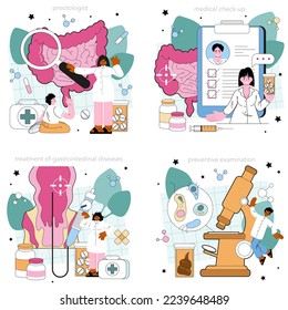 Proctologist concept set. Doctor examines and treating human large intestine. Medical check-up for colon cancer prevention. Flat vector illustration