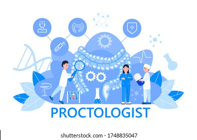 Proctologist concept vector for medical web. app. blog.Intestine doctors examine, treat dysbiosis. Tiny therapist of proctology looks through a magnifying glass at harmful bacteria.