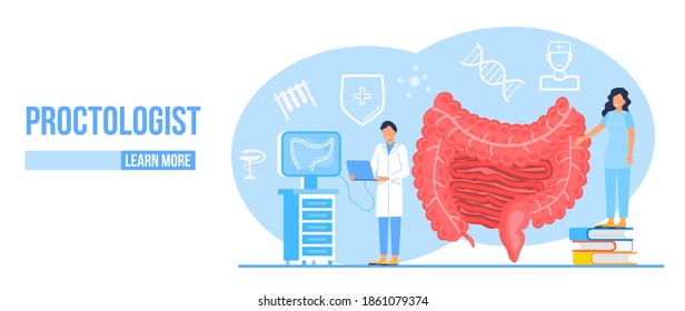 Proctologist Konzept Vektor für medizinische Web. App. Blog. Die intestinischen Ärzte untersuchen und behandeln die Dysbiose. Winziger Therapeut der Proktologie macht Koloskopie.