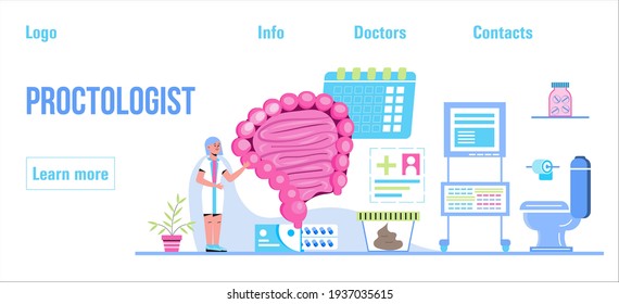 Proctologist Konzept Vektor für medizinische Web. App. Blog. Die intestinischen Ärzte untersuchen und behandeln die Dysbiose. Winziger Therapeut der Proktologie macht Koloskopie.