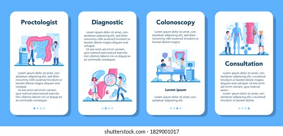 Proctologist mobile application banner set. Doctor examine intestine. Idea of health and medical treatment, diagnostic, consultation. Isolated vector illustration in cartoon style