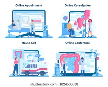 Servicio en línea o conjunto de plataformas de proctólogo. El médico examina el intestino. Cita en línea, consulta, llamada a casa, conferencia. Ilustración vectorial aislada