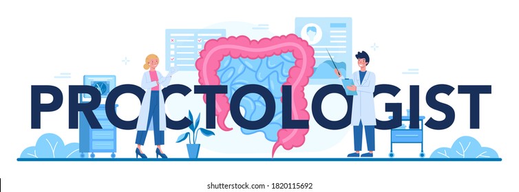 Typografischer Prozesologe. Arzt untersucht Darm. Idee der medizinischen und medizinischen Behandlung, Diagnose, Beratung. Einzige Vektorgrafik im Cartoon-Stil