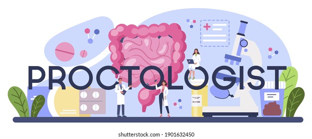 Cabecera tipográfica de proctólogo. El médico examina el intestino. Idea de salud y tratamiento médico, diagnóstico, consulta. Ilustración vectorial aislada en estilo de dibujos animados