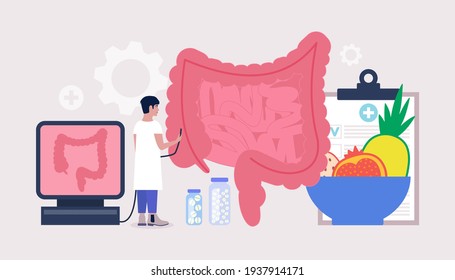 Proctology, Coloproctology concept. Young man checks intestine. Colorful flat vector illustration
