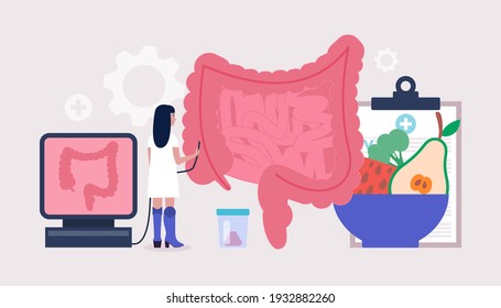 Proctology, Coloproctology concept. Young woman checks intestine. Colorful flat vector illustration