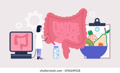 Proctology, Coloproctology concept. Young woman checks intestine. Colorful flat vector illustration