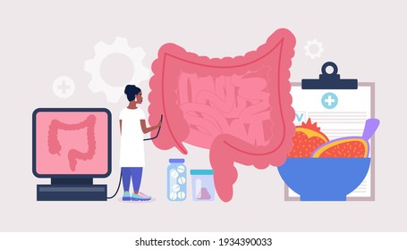 Proctology, Coloproctology concept. Young woman checks intestine. Colorful flat vector illustration
