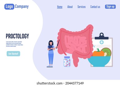 Proctology, Coloproctology concept. Young woman checks intestine. Colorful flat vector illustration