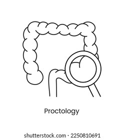 Proctology icon line in vector, illustration of bowel with magnifying glass.