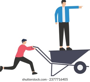 Procurement and asset management, managing or purchasing company equipment, goods and service, audit and checking price and depreciation, businessman procurement manager in cart pointing to go outside