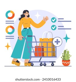 Procurement concept. Confident woman with shopping cart oversees data charts, ensuring optimal product selection and order fulfillment. Business efficiency in purchasing. Flat vector illustration