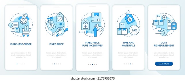 Procurement contracts blue onboarding mobile app screen. Walkthrough 5 steps editable graphic instructions with linear concepts. UI, UX, GUI template. Myriad Pro-Bold, Regular fonts used