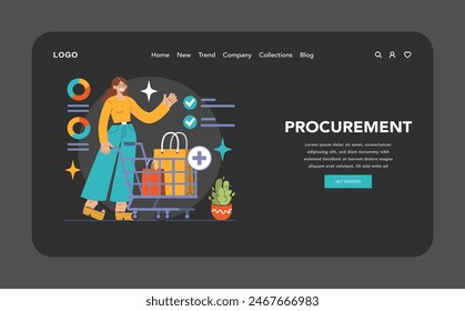 Procurement dark or night mode web, landing. Woman with shopping cart oversees data charts, optimal product selection and order fulfillment. Business efficiency in purchasing. Flat vector illustration