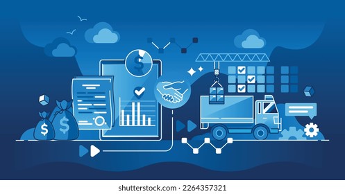 Las adquisiciones se refieren a los proveedores para el concepto de esquema oscuro del mejor precio del producto. Planificación de la logística de envío para la ilustración vectorial de procesos de cadena de suministro. Acuerdo de negociación sobre un precio al por menor rentable