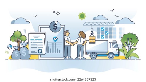 Las adquisiciones se refieren a los proveedores para el mejor concepto del esquema de precios de los productos. Planificación de la logística de envío para la ilustración vectorial de procesos de cadena de suministro. Acuerdo de negociación sobre un precio al por menor rentable.