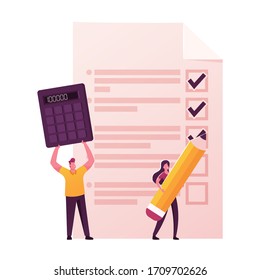 Procurement, Goods Distribution and Governance Concept. Female Character Put Ticks on Paper Document, Man Holding Huge Calculator in Hands, Caterer Purchase Process. Cartoon People Vector Illustration