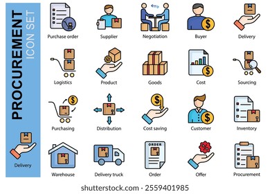 Procurement icon set. colored outline icon style. icon related to business, logistics. purchase order, supplier, delivery, and more. business element vector illustration