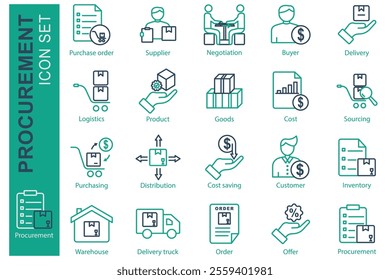 Procurement icon set. line icon style. icon related to business, logistics. purchase order, supplier, delivery, and more. business element vector illustration