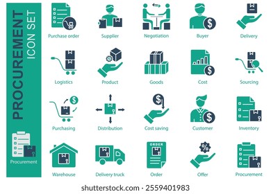 Procurement icon set. solid icon style. icon related to business, logistics. purchase order, supplier, delivery, and more. business element vector illustration