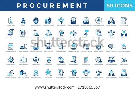 Procurement icons set with purchase order, supplier, vendor management, procurement strategy, supplier selection, request for proposal, request for quotation icon. Simple flat vector 
