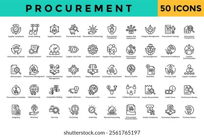 Procurement icons set with supplier compliance, vendor bidding, supplier network, procurement audit, procurement outsourcing, procurement compliance icon. Simple line vector 