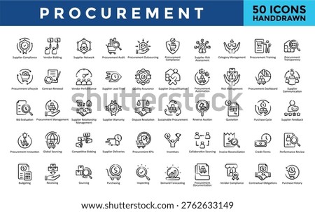 Procurement icons set with supplier compliance, vendor bidding, supplier network, procurement audit, procurement outsourcing, procurement compliance icon. Simple handdrawn vector 
